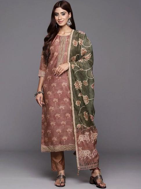 varanga brown floral print kurta pant set with dupatta