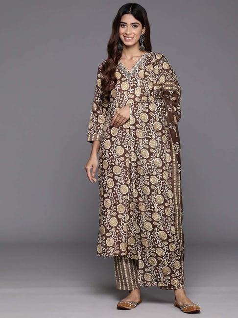 varanga brown printed kurta pant set with dupatta