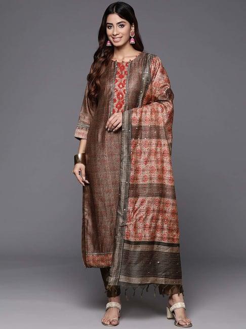 varanga brown woven pattern kurta pant set with dupatta