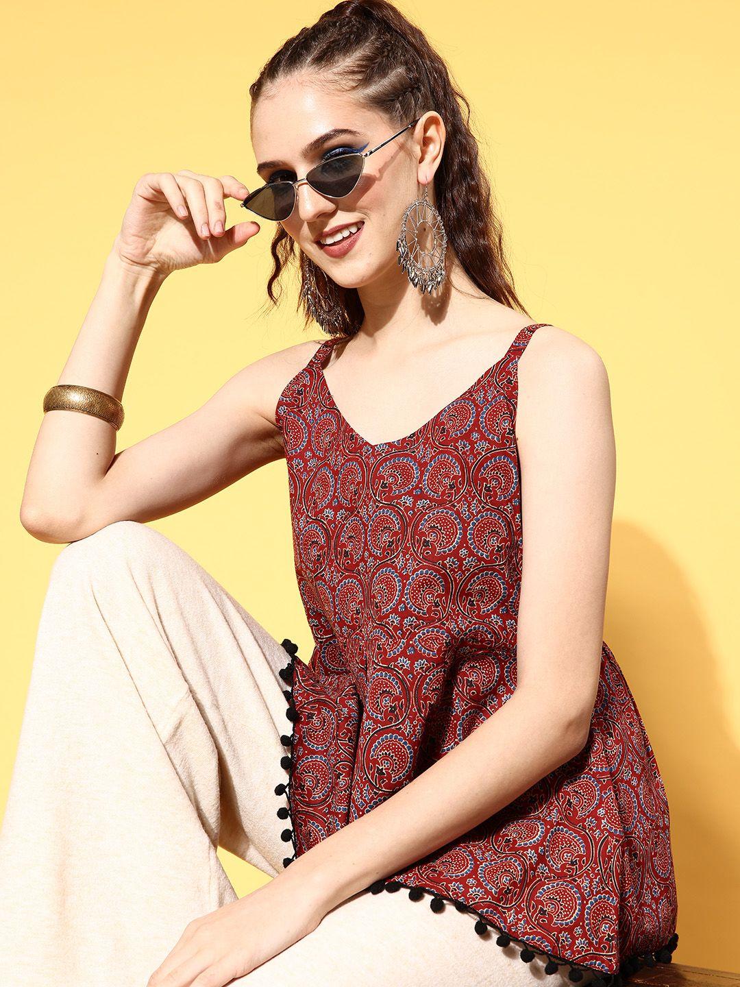 varanga charming maroon ethnic motifs noughties spaghetti top