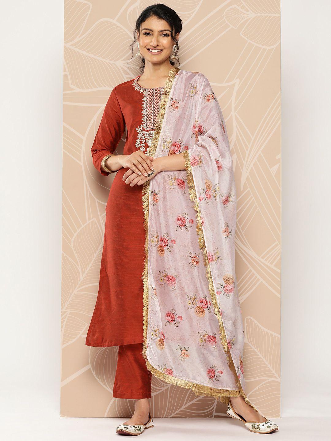 varanga ethnic motifs embroidered gotta patti dupion silk kurta with trousers & dupatta