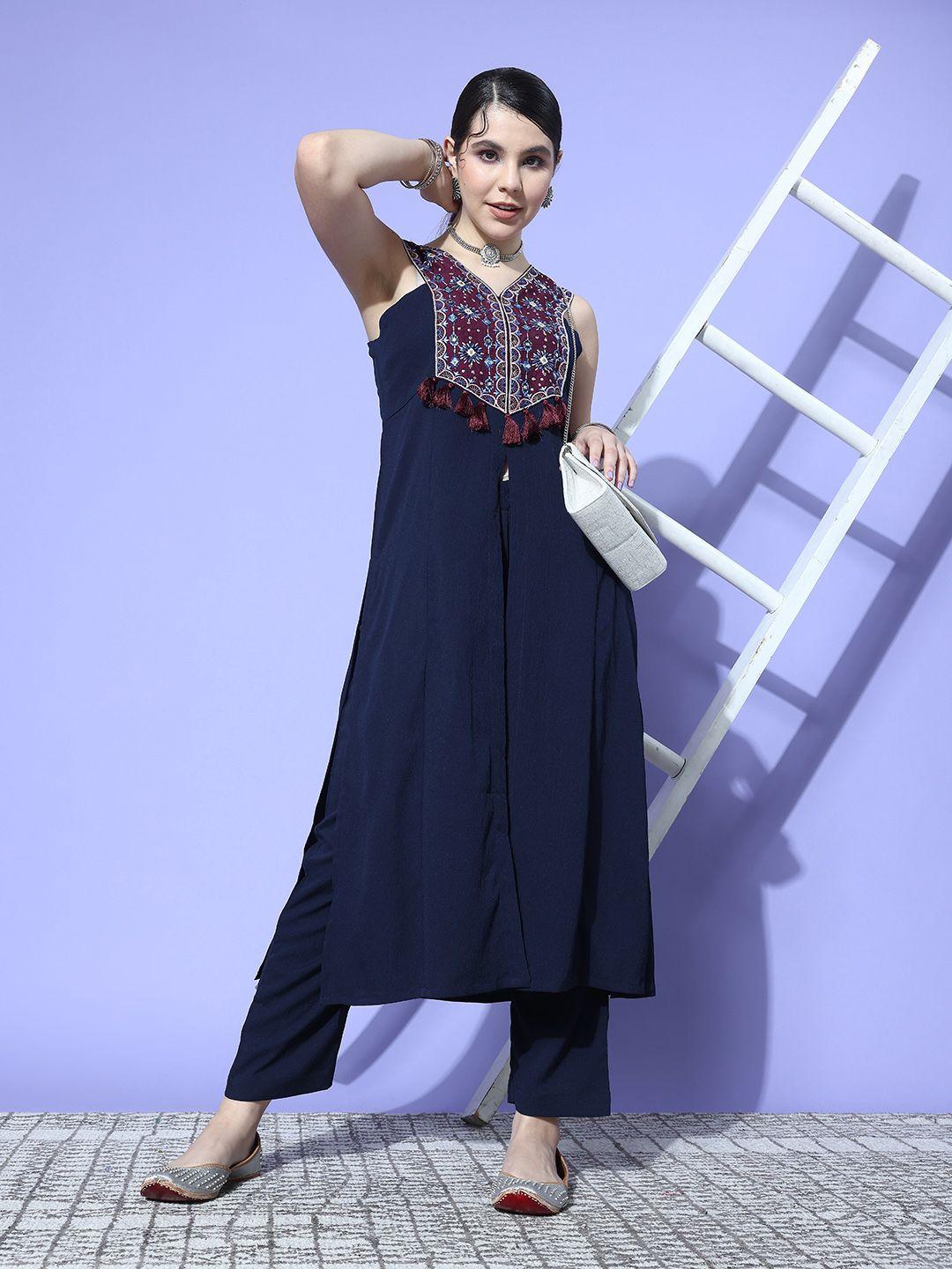 varanga ethnic motifs embroidered mirror work kurta with trousers