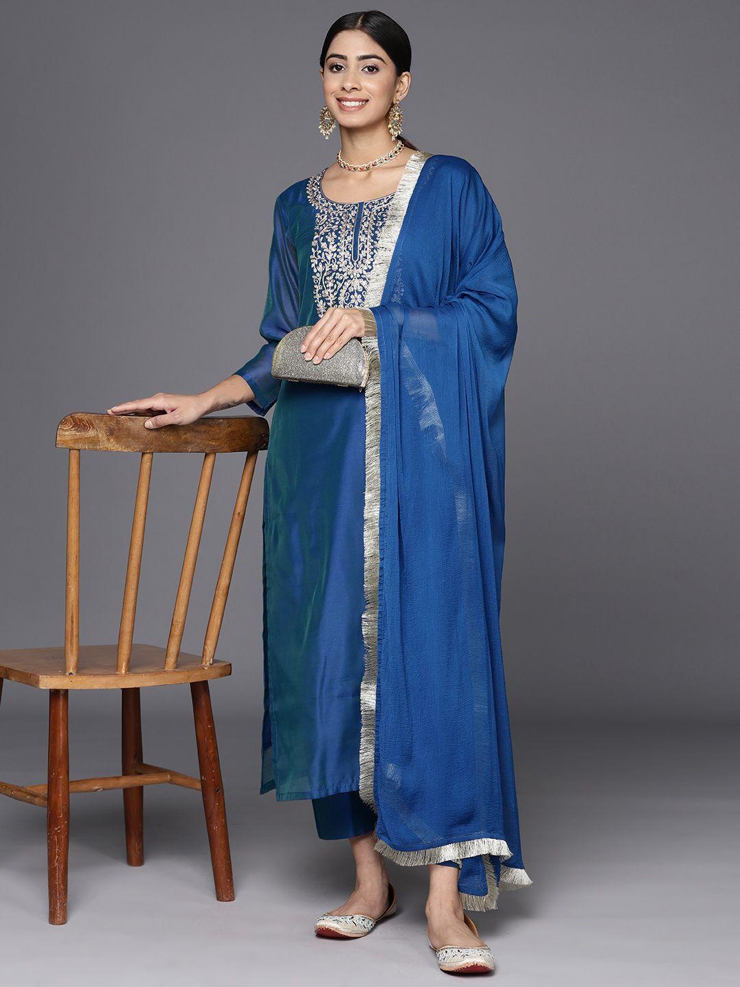varanga ethnic motifs embroidered regular chanderi silk kurta with trousers & with dupatta