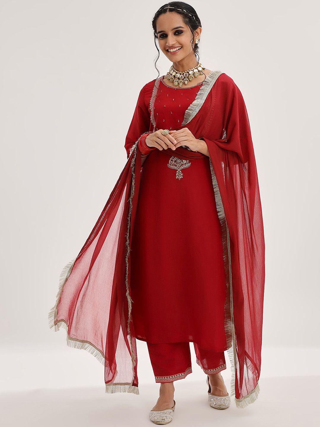 varanga ethnic motifs embroidered regular kurta with trousers & with dupatta