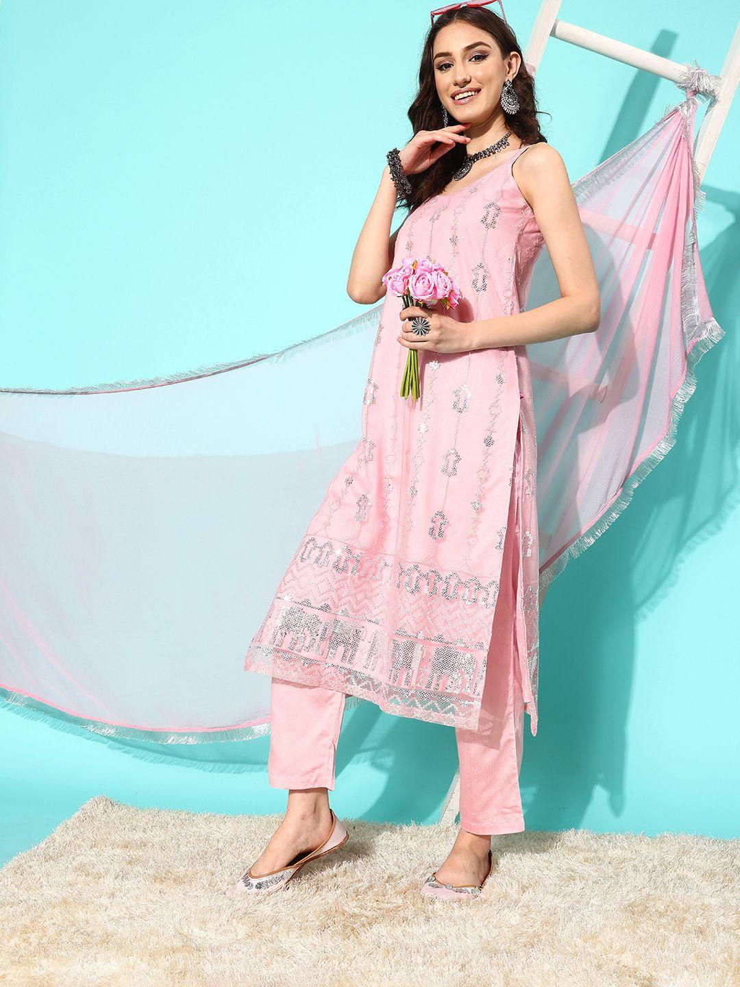 varanga ethnic motifs embroidered regular sequinned kurta with trousers & with dupatta