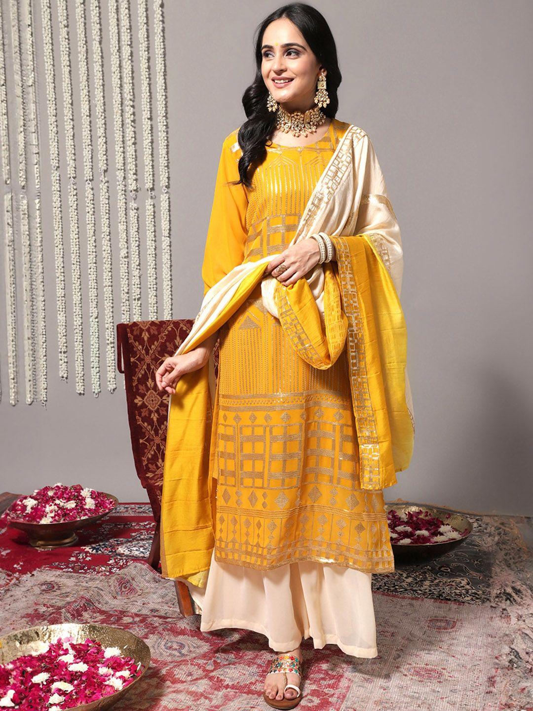 varanga ethnic motifs embroidered sequinned detail straight kurta & sharara with dupatta