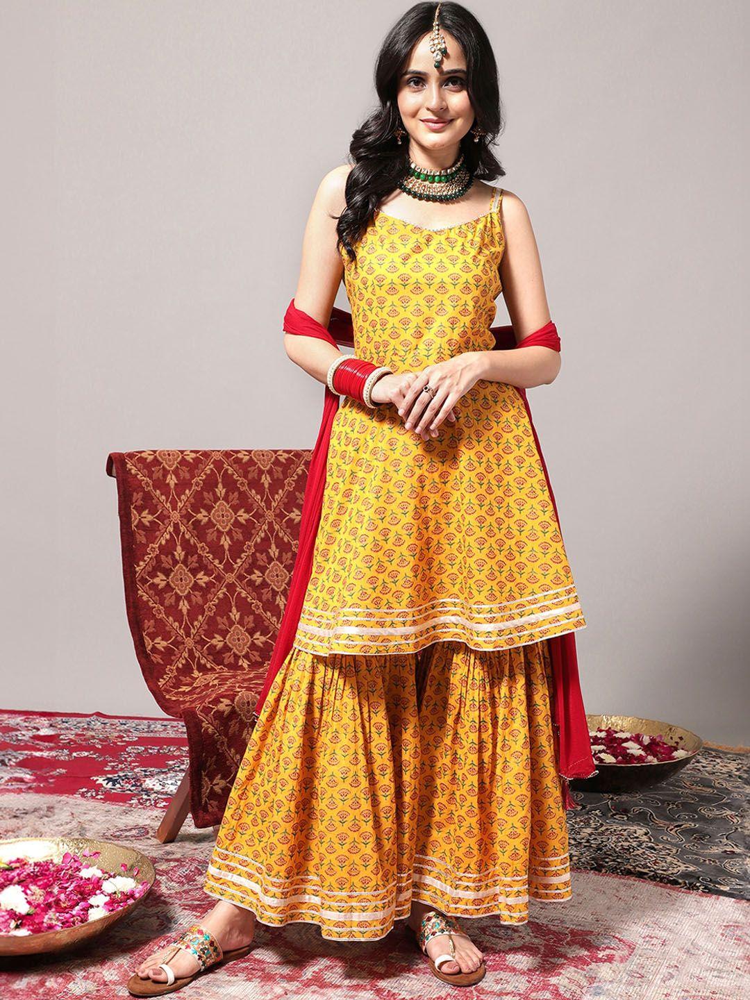 varanga ethnic motifs printed gotta patti a-line kurta & sharara with dupatta