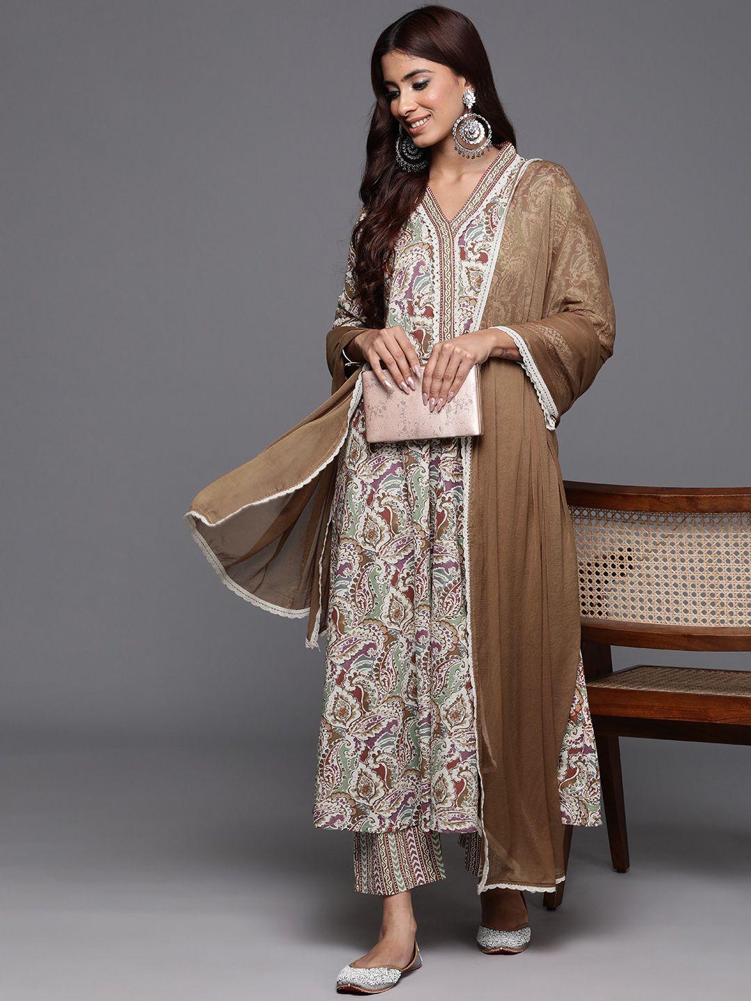 varanga ethnic motifs printed pure cotton anarkali kurta with trousers & dupatta