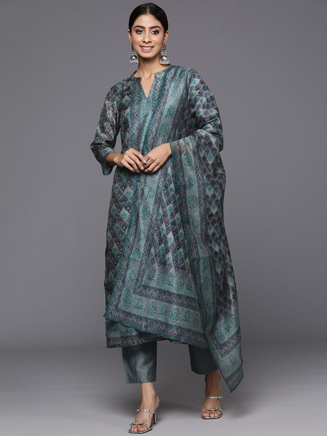 varanga ethnic motifs printed regular chanderi silk kurta with trousers & dupatta