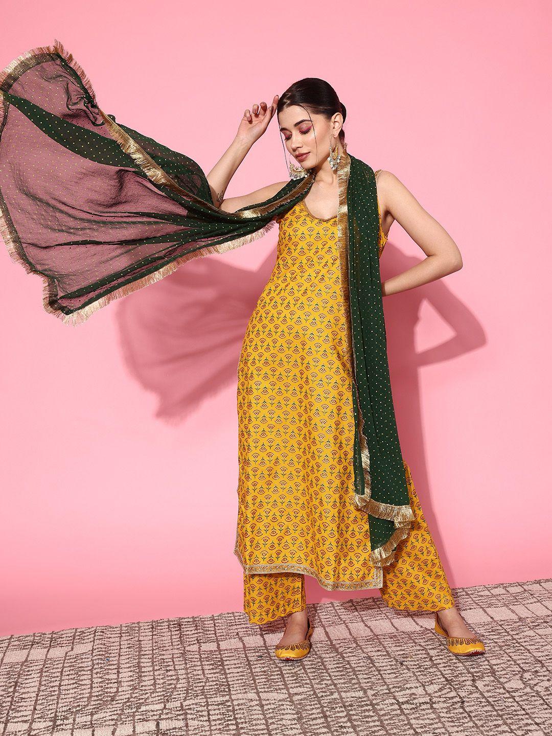 varanga ethnic motifs printed regular sequinned kurta with palazzos & dupatta