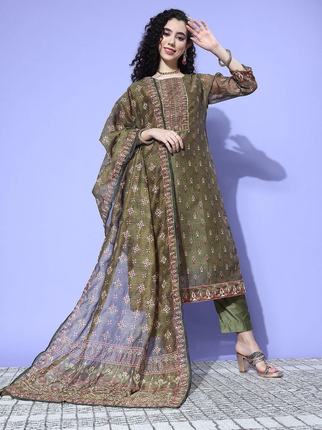 varanga ethnic motifs printed thread work chanderi silk kurta with trousers & dupatta