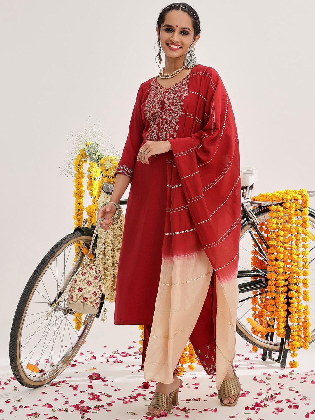 varanga ethnic motifs yoke design zari kurta & trousers with dupatta