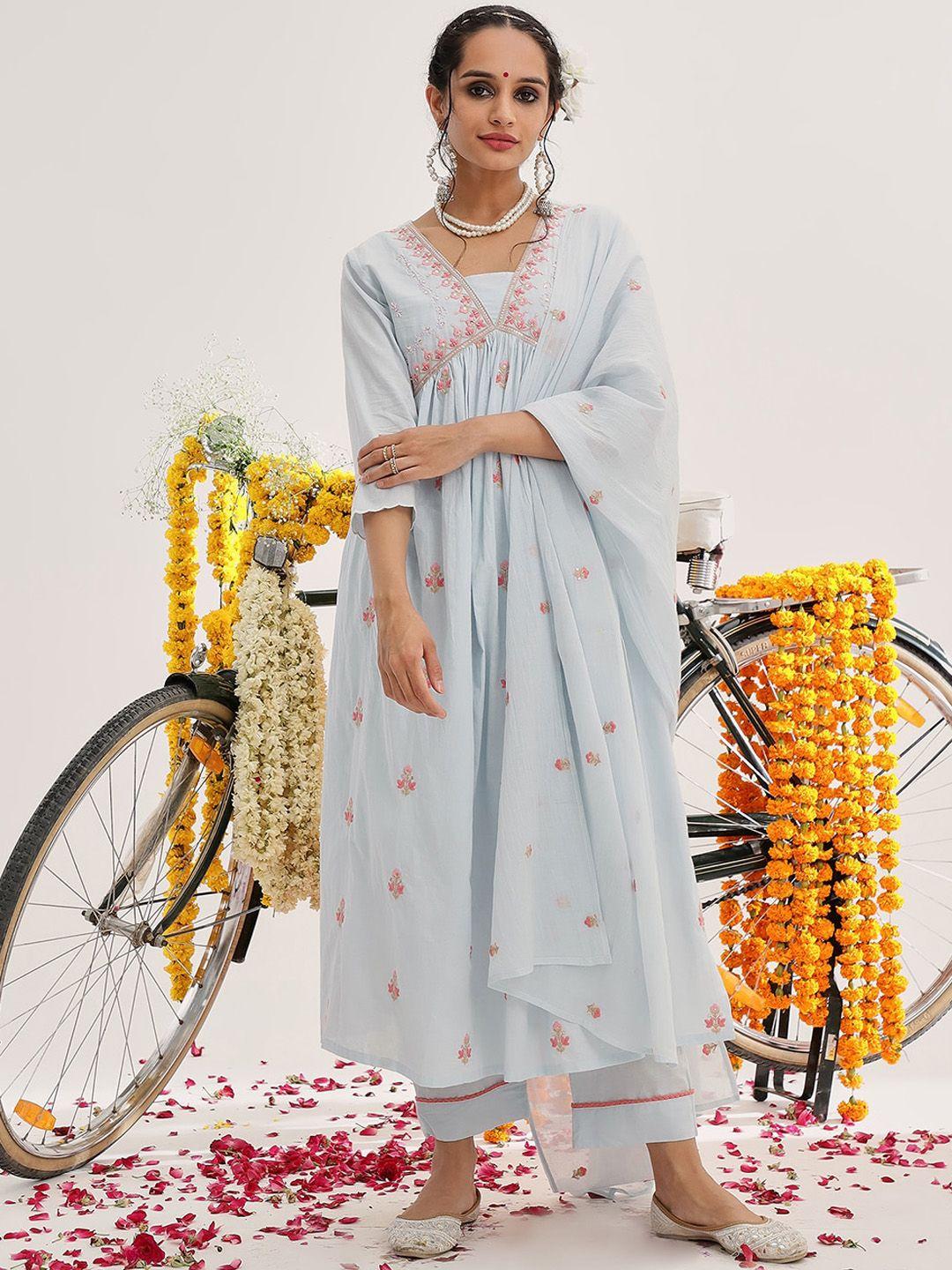 varanga floral embroidered empire sequinned pure cotton kurta & trousers with dupatta