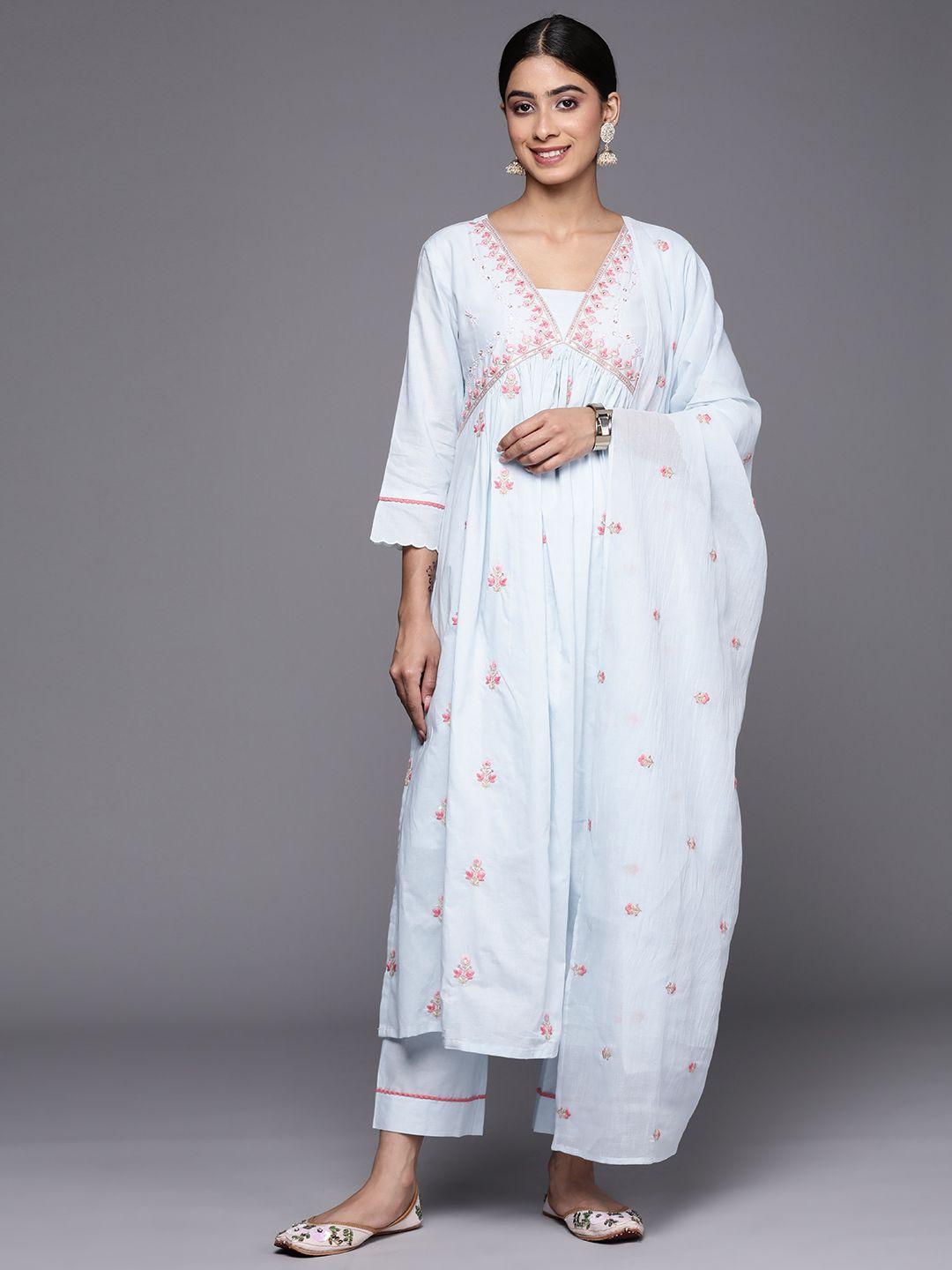 varanga floral embroidered empire sequinned pure cotton kurta with trousers & dupatta