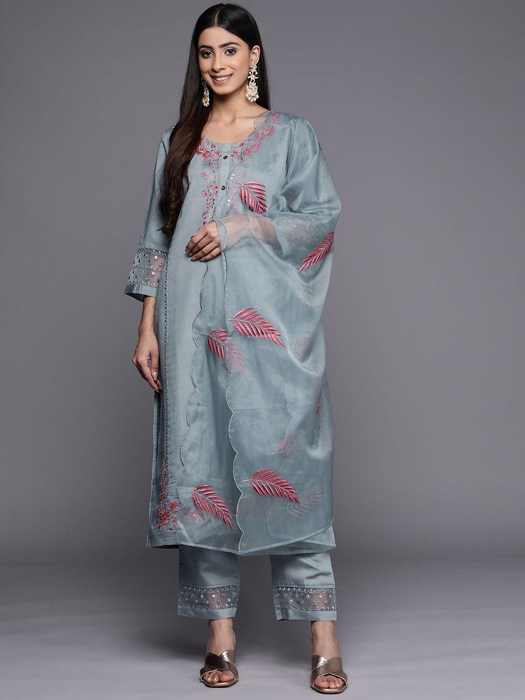 varanga floral embroidered mirror work kurta with trousers & dupatta