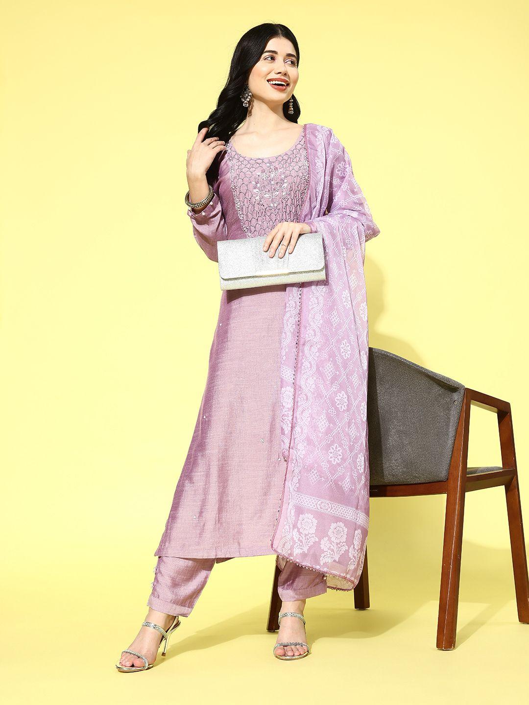 varanga floral embroidered regular beads & stones kurta with trousers & dupatta