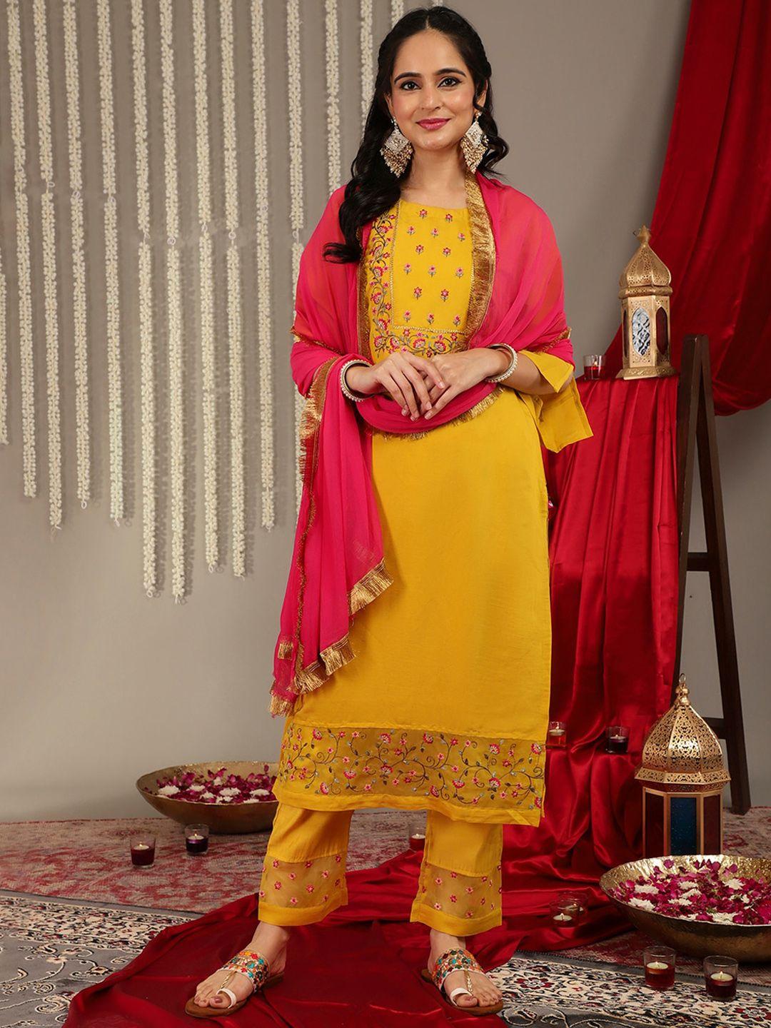 varanga floral embroidered regular kurta with trousers & with dupatta