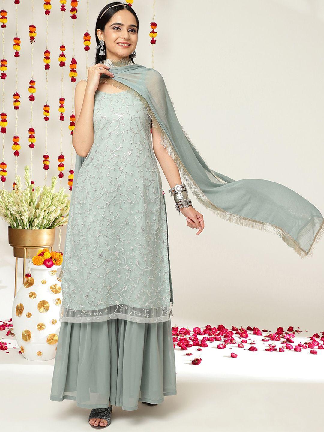 varanga floral embroidered sequined kurta with sharara & dupatta