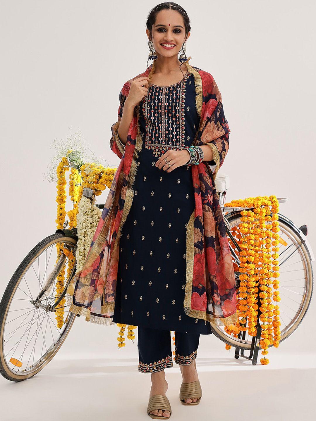 varanga floral embroidered thread work kurta & trousers with dupatta