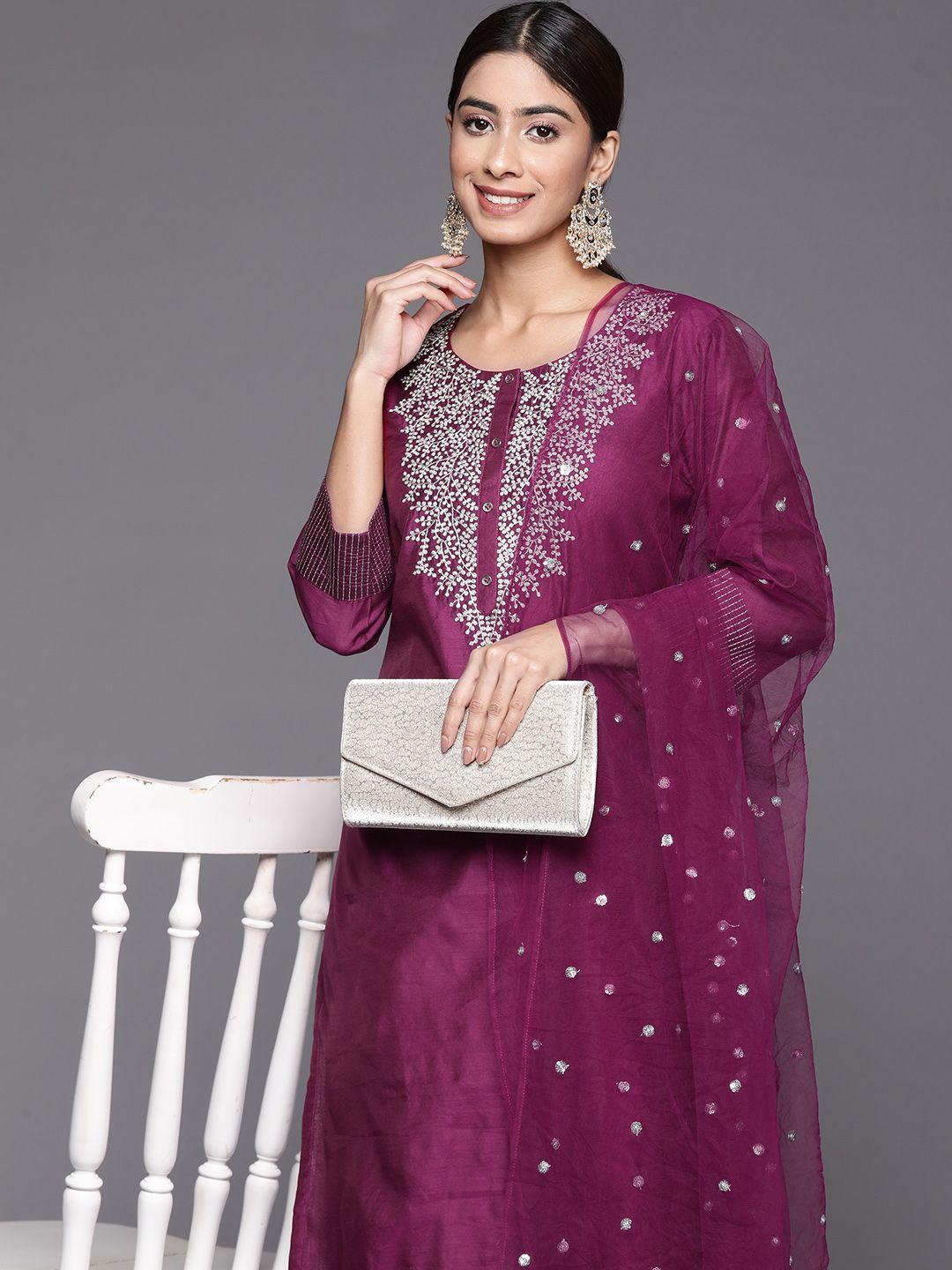 varanga floral embroidered zari chanderi silk kurta with trousers & dupatta