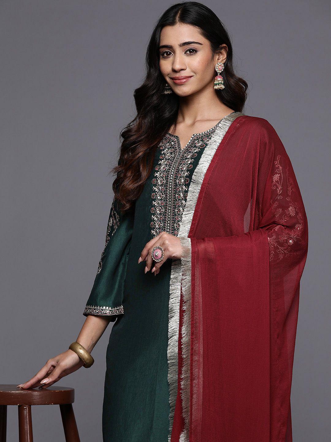 varanga floral embroidered zari regular kurta with trousers & dupatta