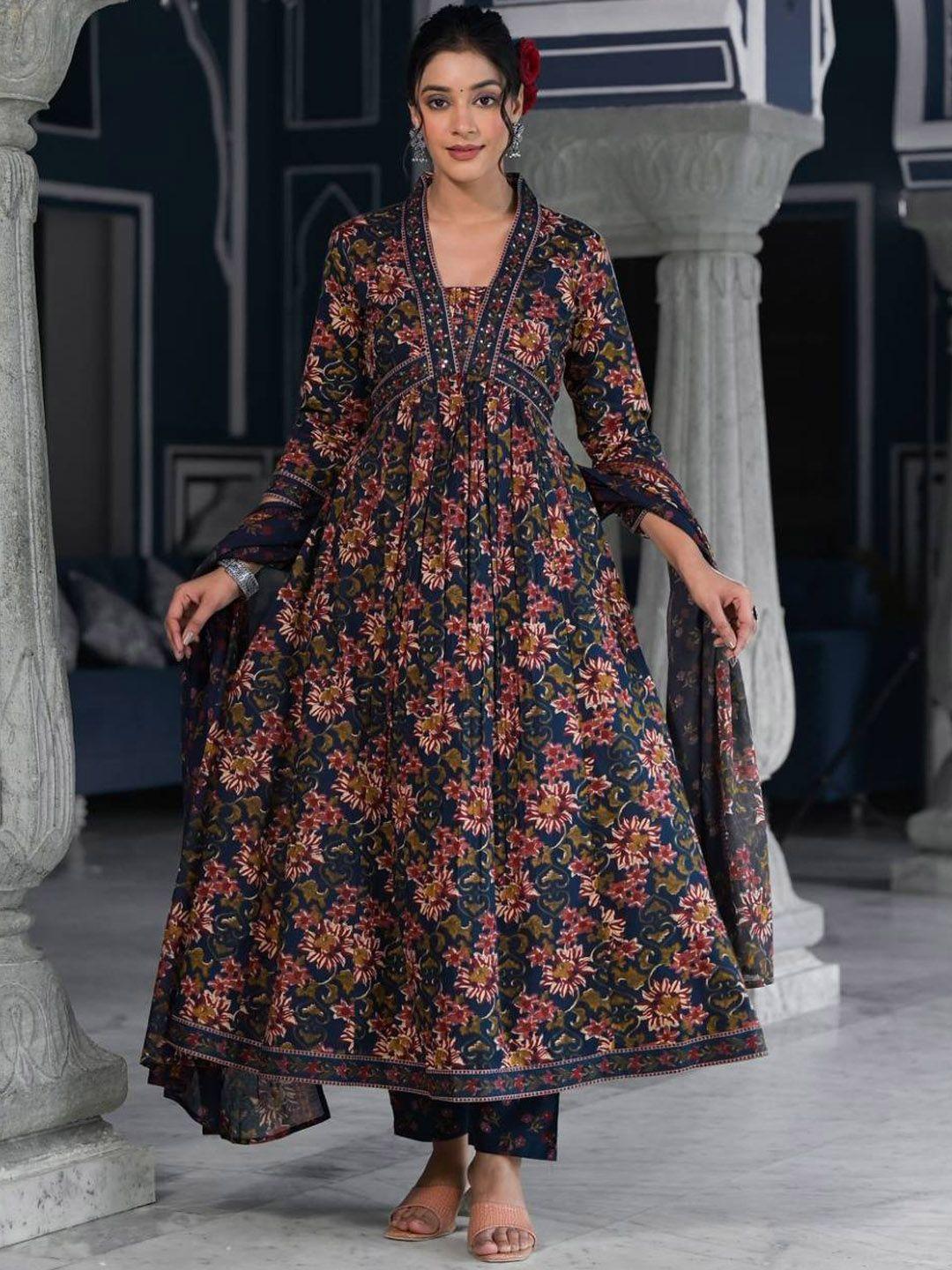 varanga floral printed & sequinned pure cotton anarkali kurta with trouser & dupatta