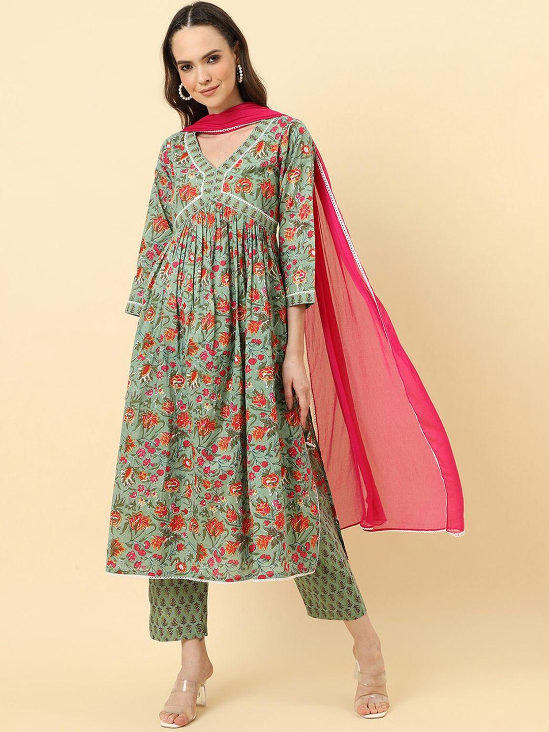 varanga floral printed a-line pleated pure cotton kurta with trousers & dupatta