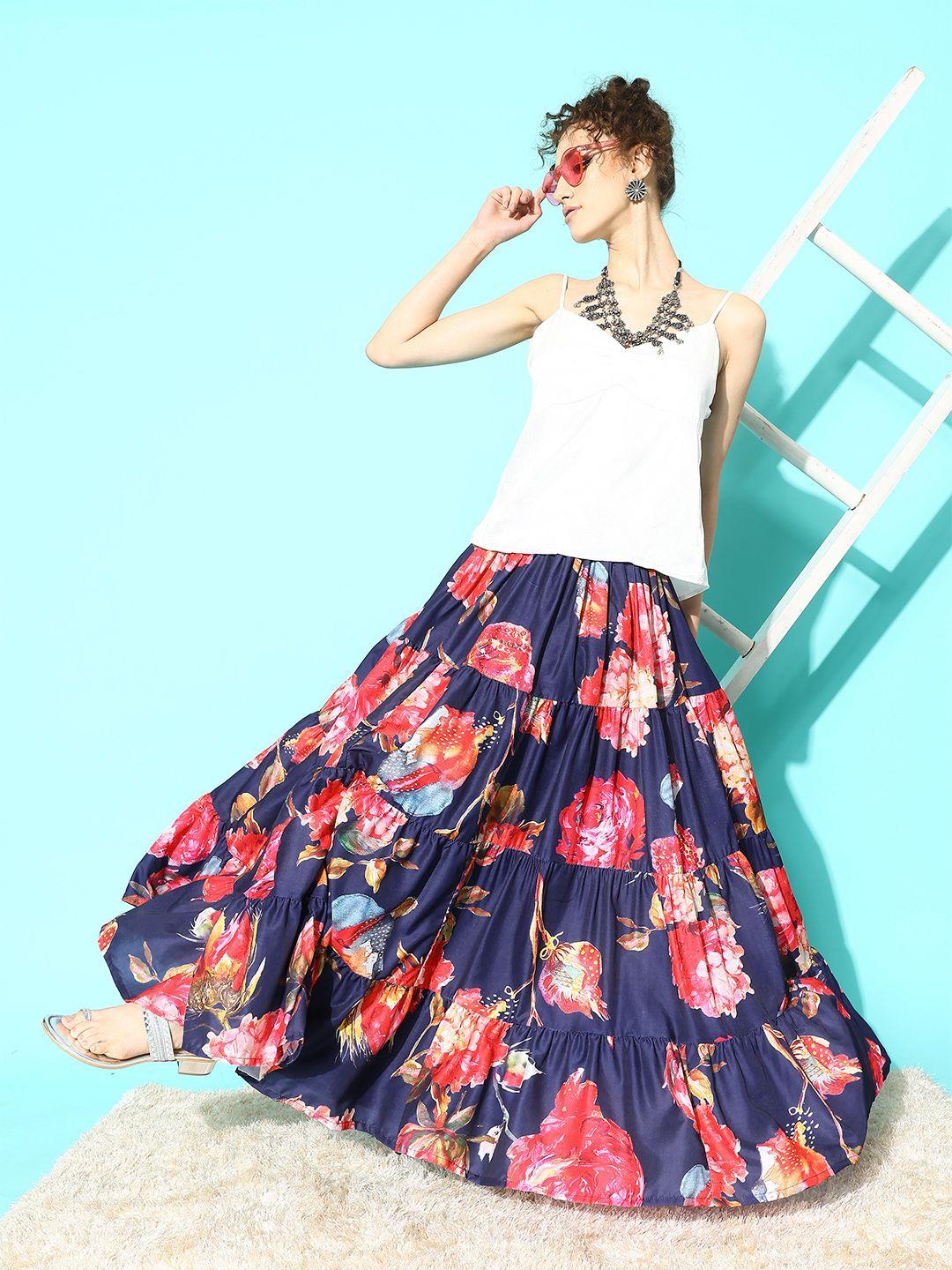 varanga floral printed a-line tiered skirt with flared hem
