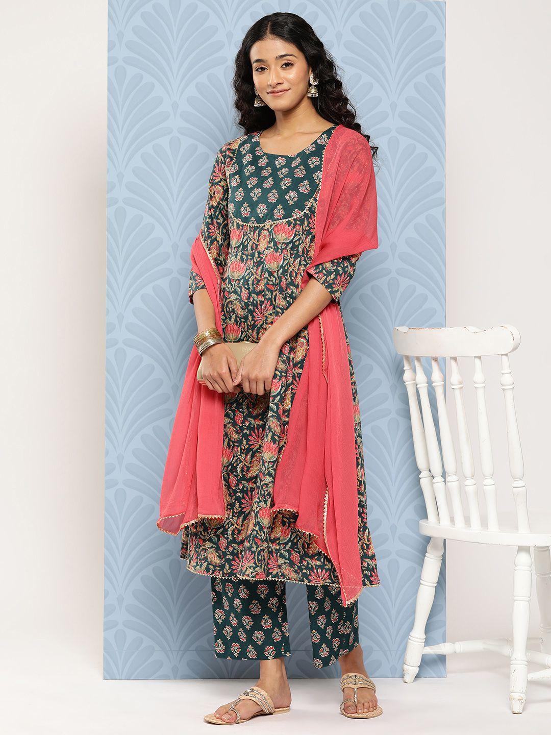 varanga floral printed empire gotta patti pure cotton kurta with trousers & with dupatta