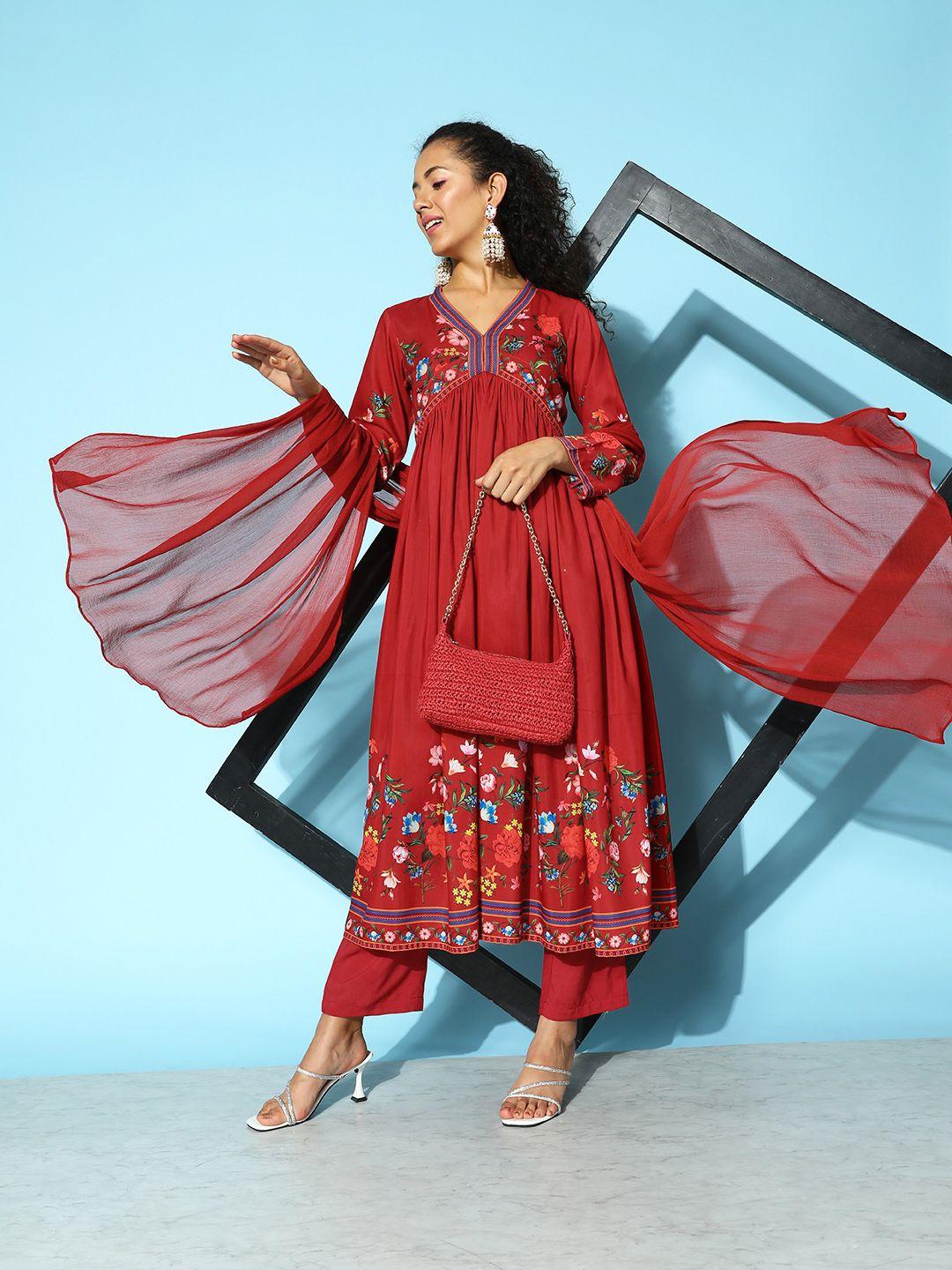 varanga floral printed empire kurta with trousers & with dupatta