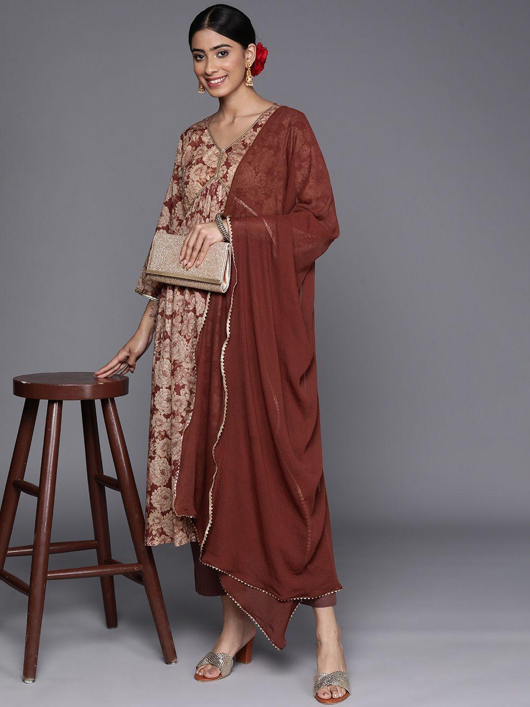 varanga floral printed empire sequinned pure cotton kurta with trousers & dupatta