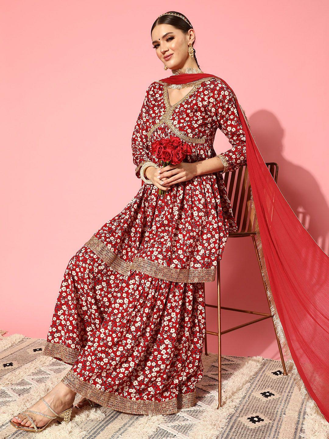 varanga floral printed empire sequinned silk crepe kurti with sharara & dupatta