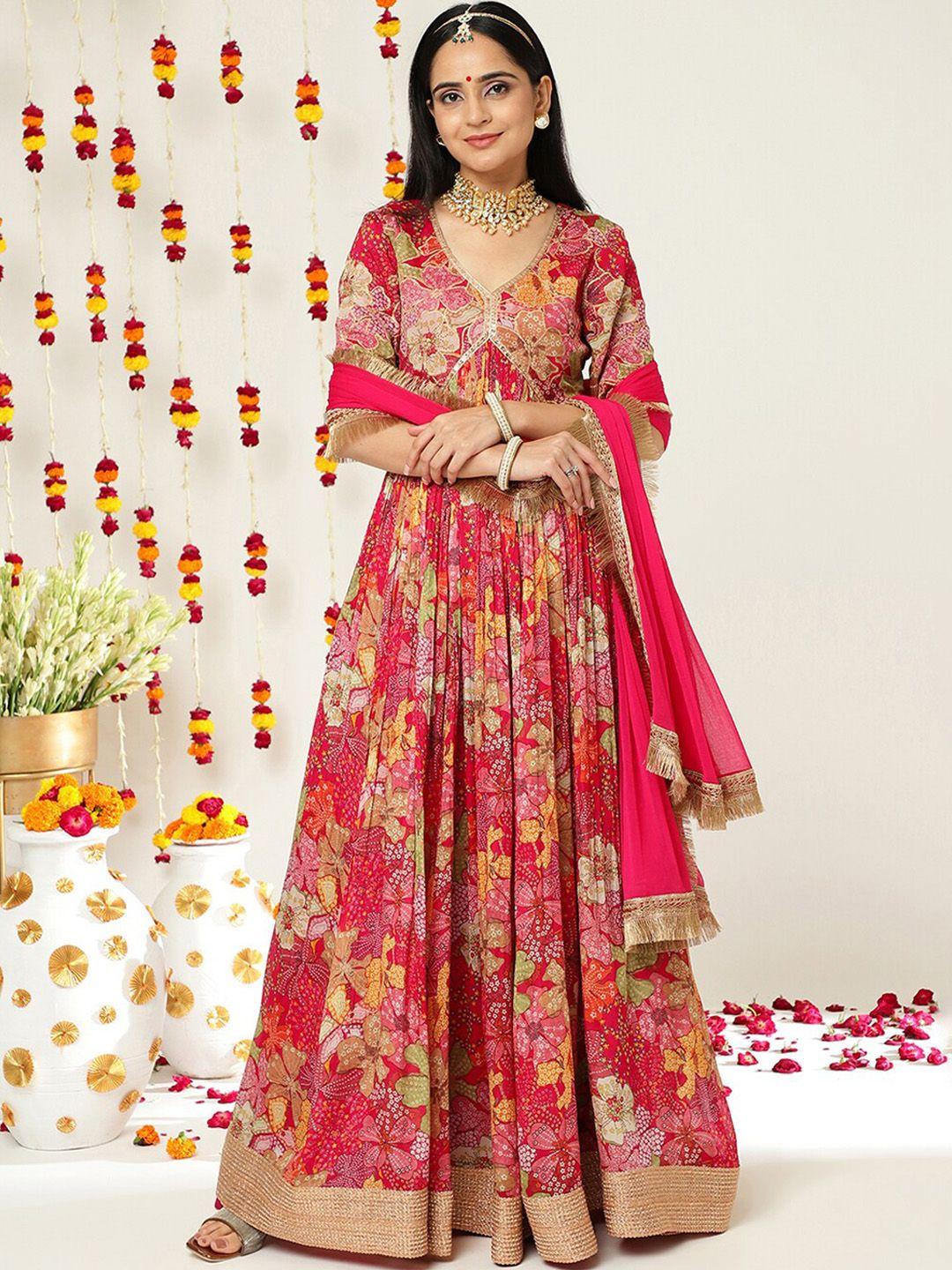 varanga floral printed gotta patti silk anarkali kurta with dupatta