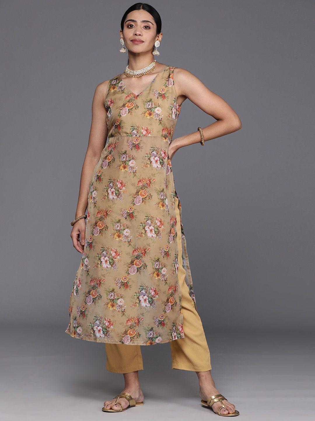 varanga floral printed high slit fusion kurta with trousers