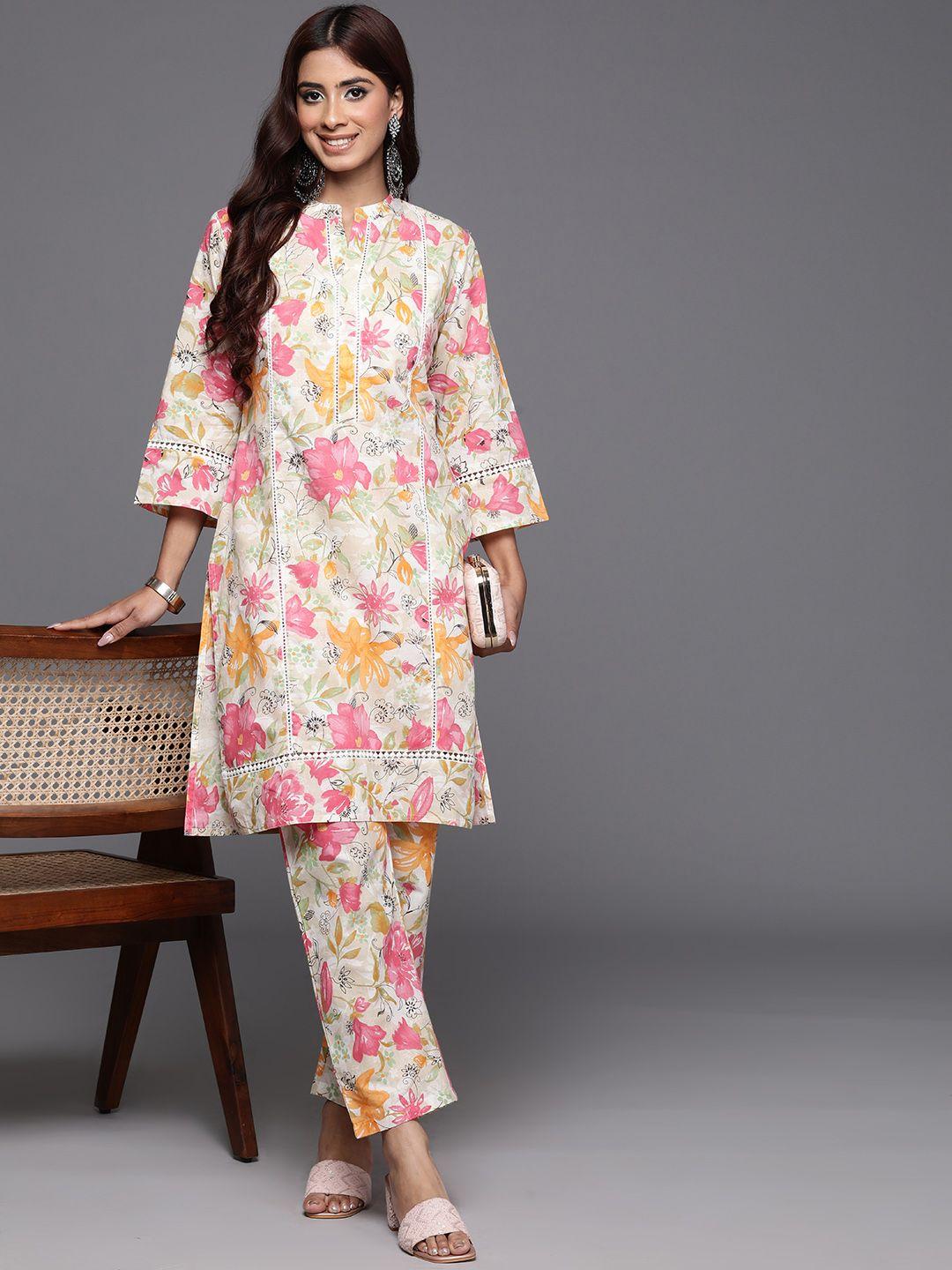 varanga floral printed mandarin collar pure cotton kurta with trousers