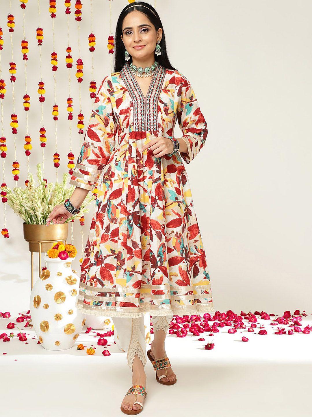 varanga floral printed panelled pure cotton a-line kurta with dhoti pants