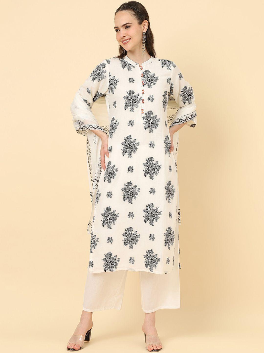 varanga floral printed pure cotton kurta with trousers & dupatta