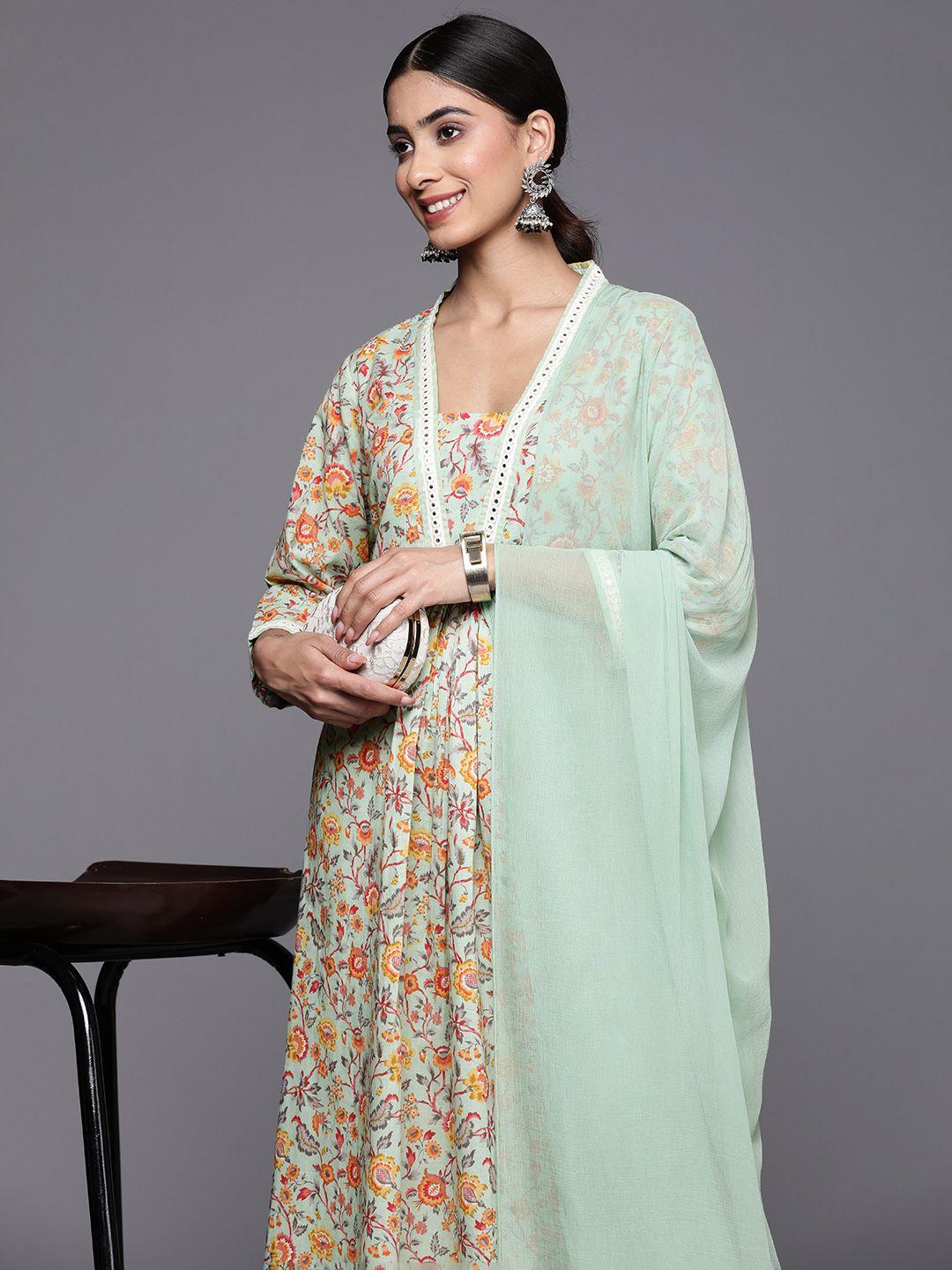 varanga floral printed regular mirror work kurta with trousers & dupatta