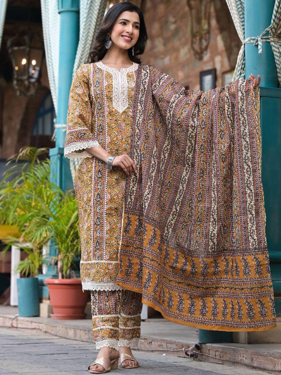 varanga floral printed regular mirror work pure cotton kurta with trousers & dupatta