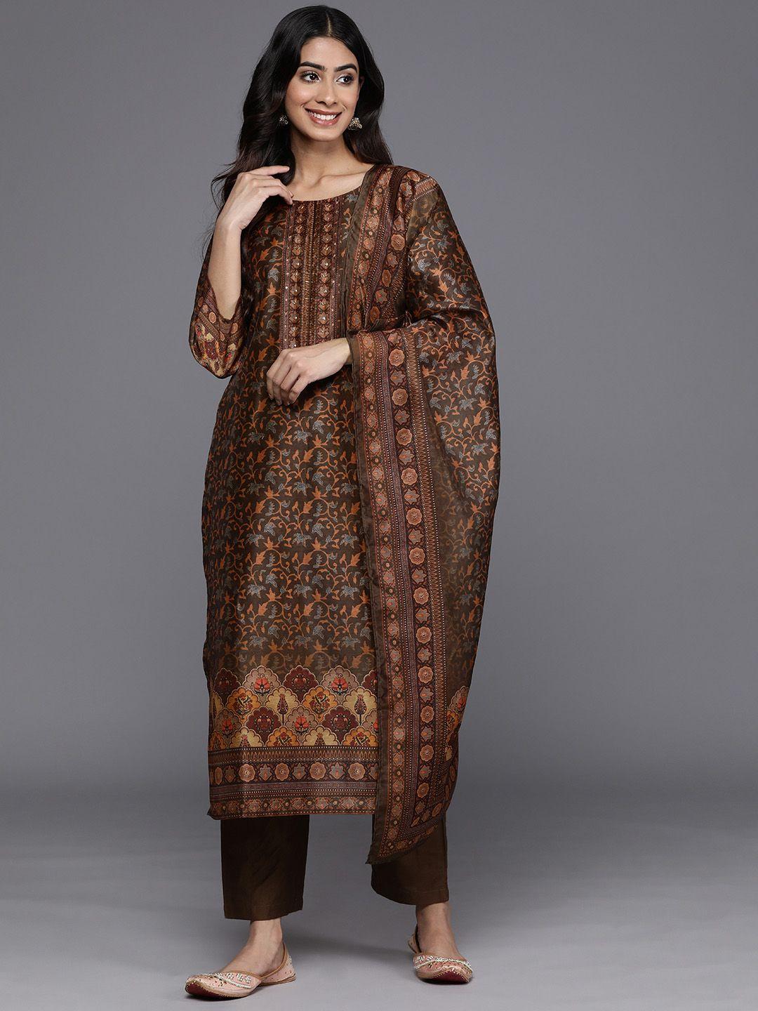 varanga floral printed regular sequinned chanderi silk kurta with trousers & with dupatta