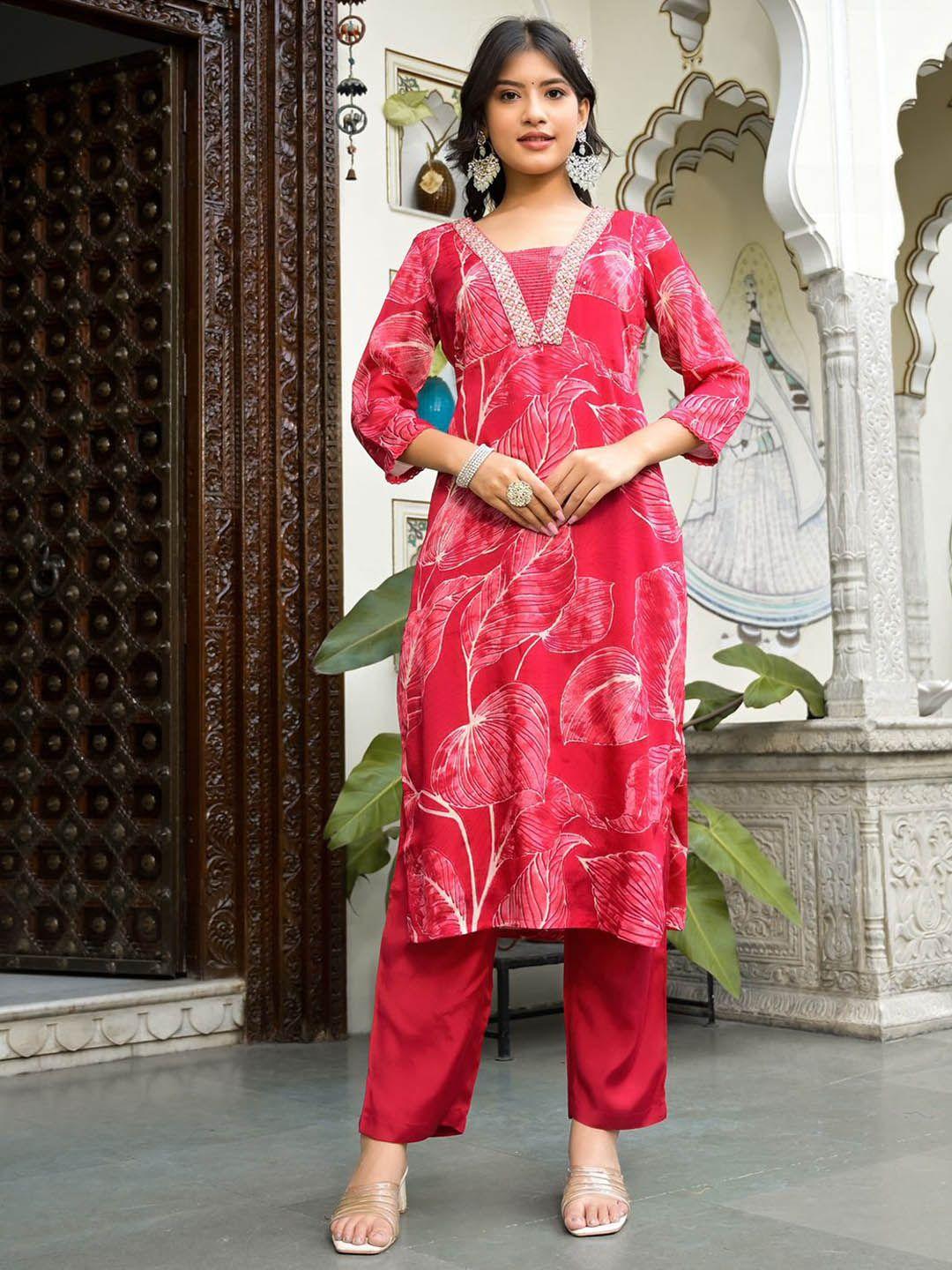 varanga floral printed thread work pure silk straight kurta with trousers & with dupatta