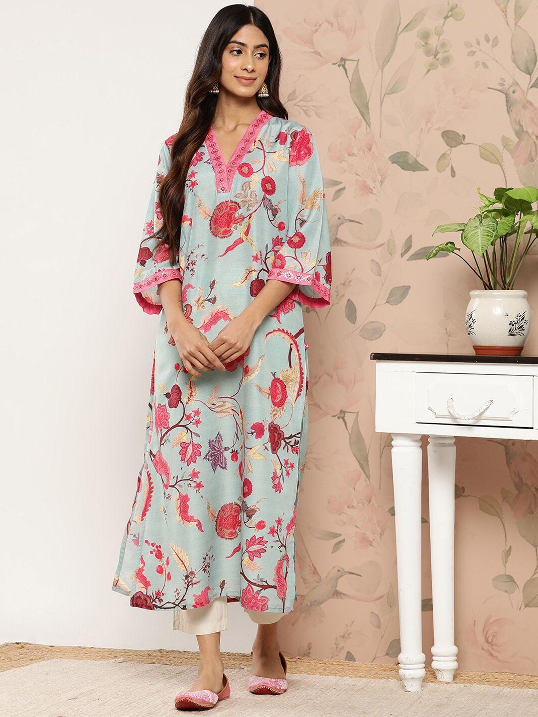 varanga floral printed v-neck sequinned kurta