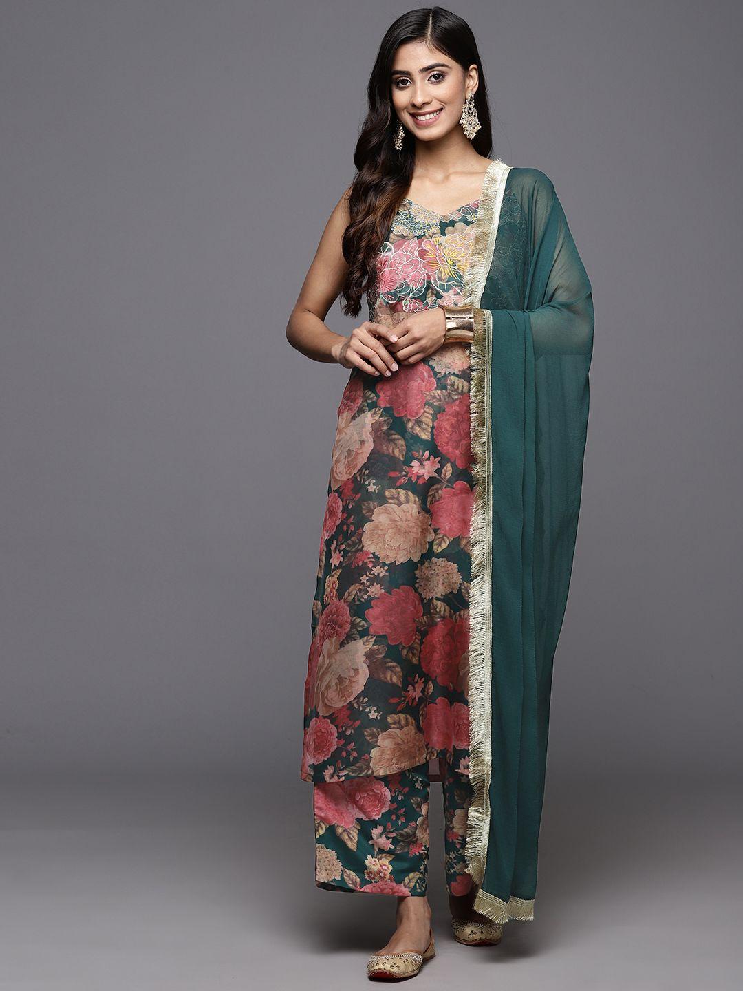 varanga floral printed zari kurta with palazzos & dupatta