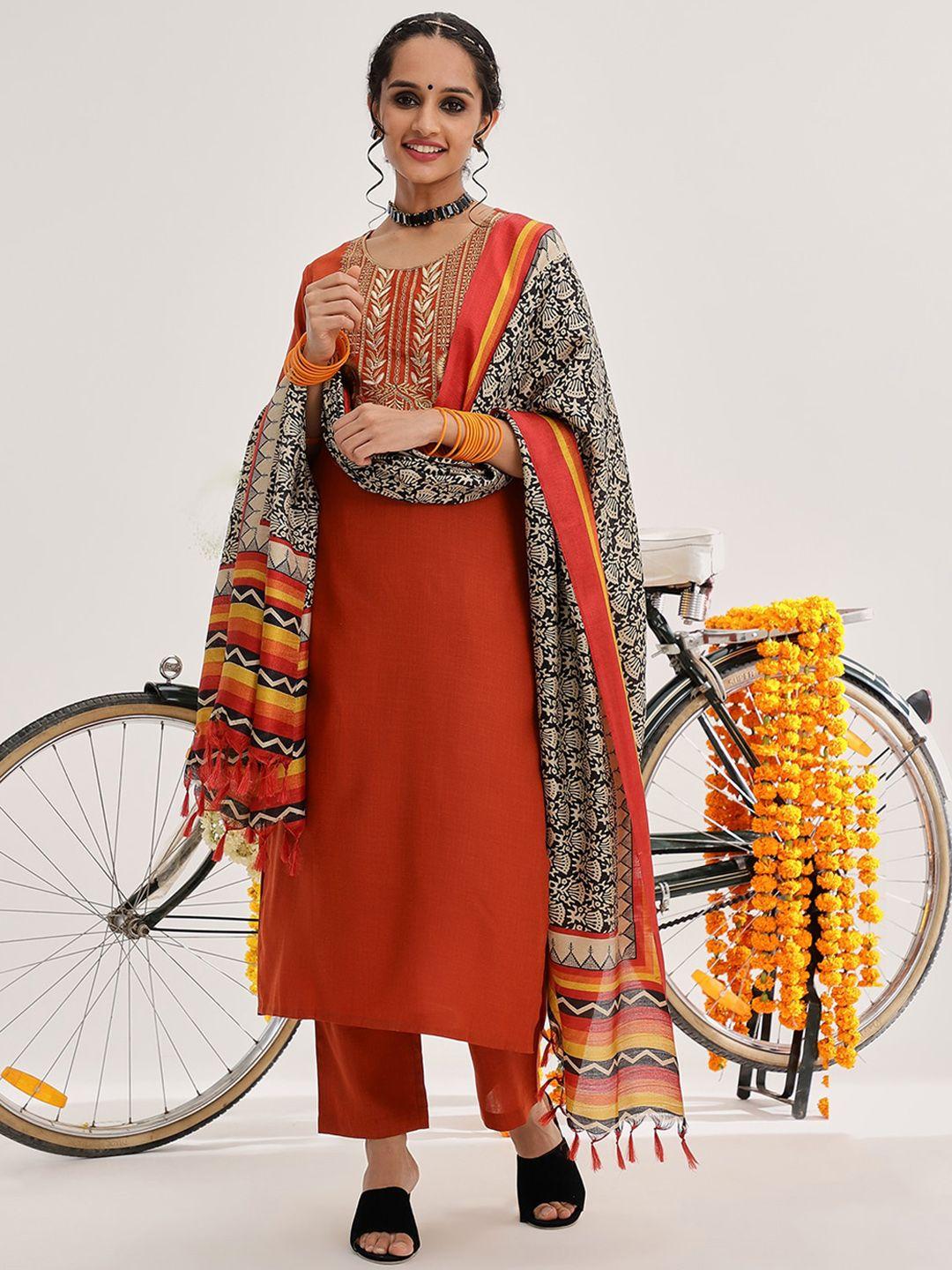 varanga floral yoke design regular kurta with trousers & with dupatta