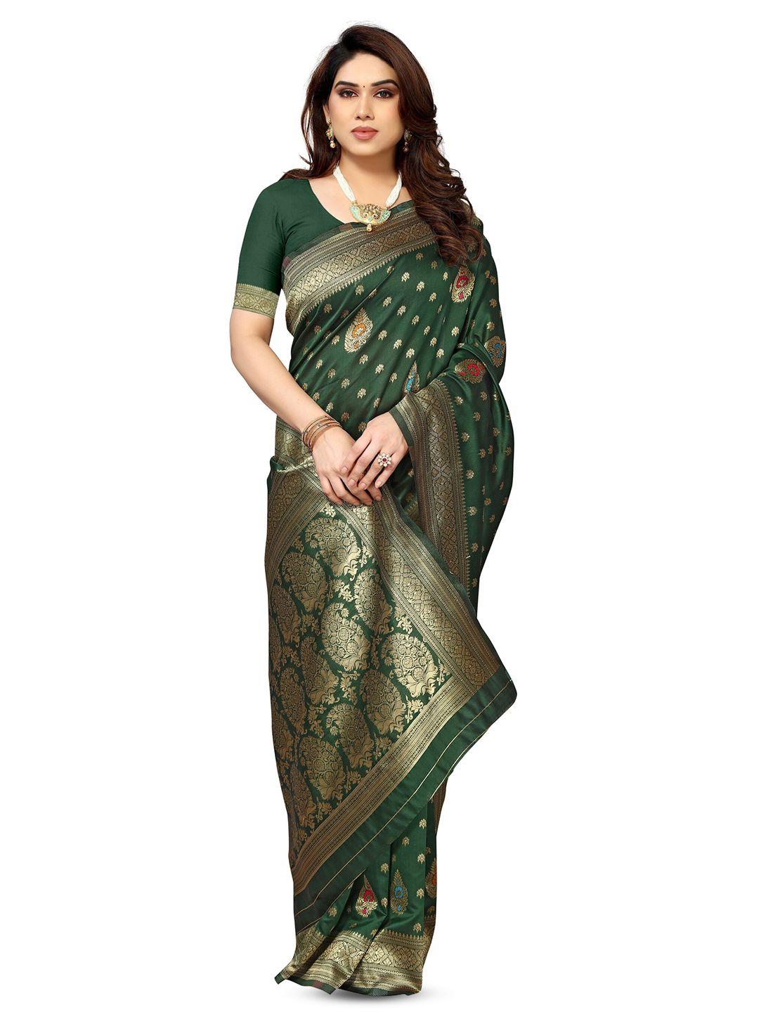 varanga green & gold-toned ethnic motifs woven design zari banarasi saree