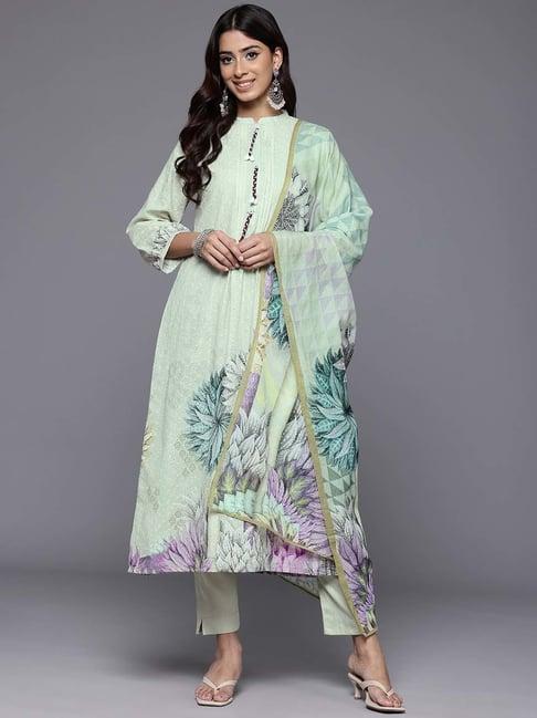 varanga green cotton floral print kurta pant set with dupatta