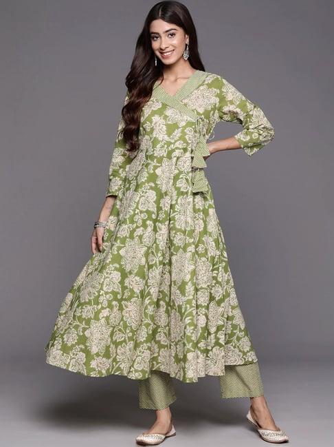 varanga green cotton floral print kurta pant set