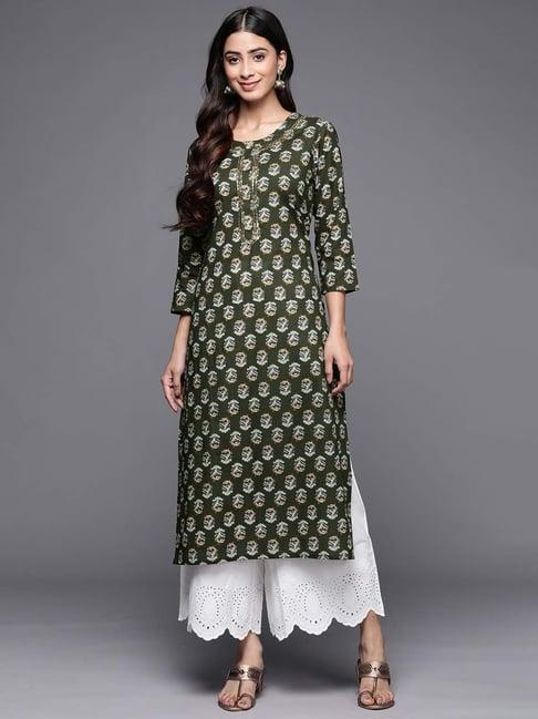 varanga green cotton floral print straight kurta