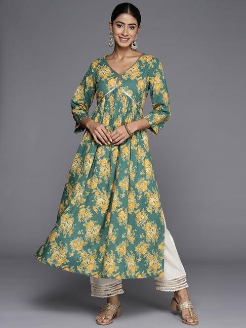 varanga green cotton floral print straight kurta