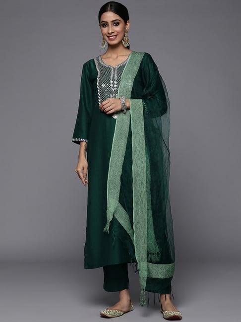 varanga green embroidered kurta pant set with dupatta